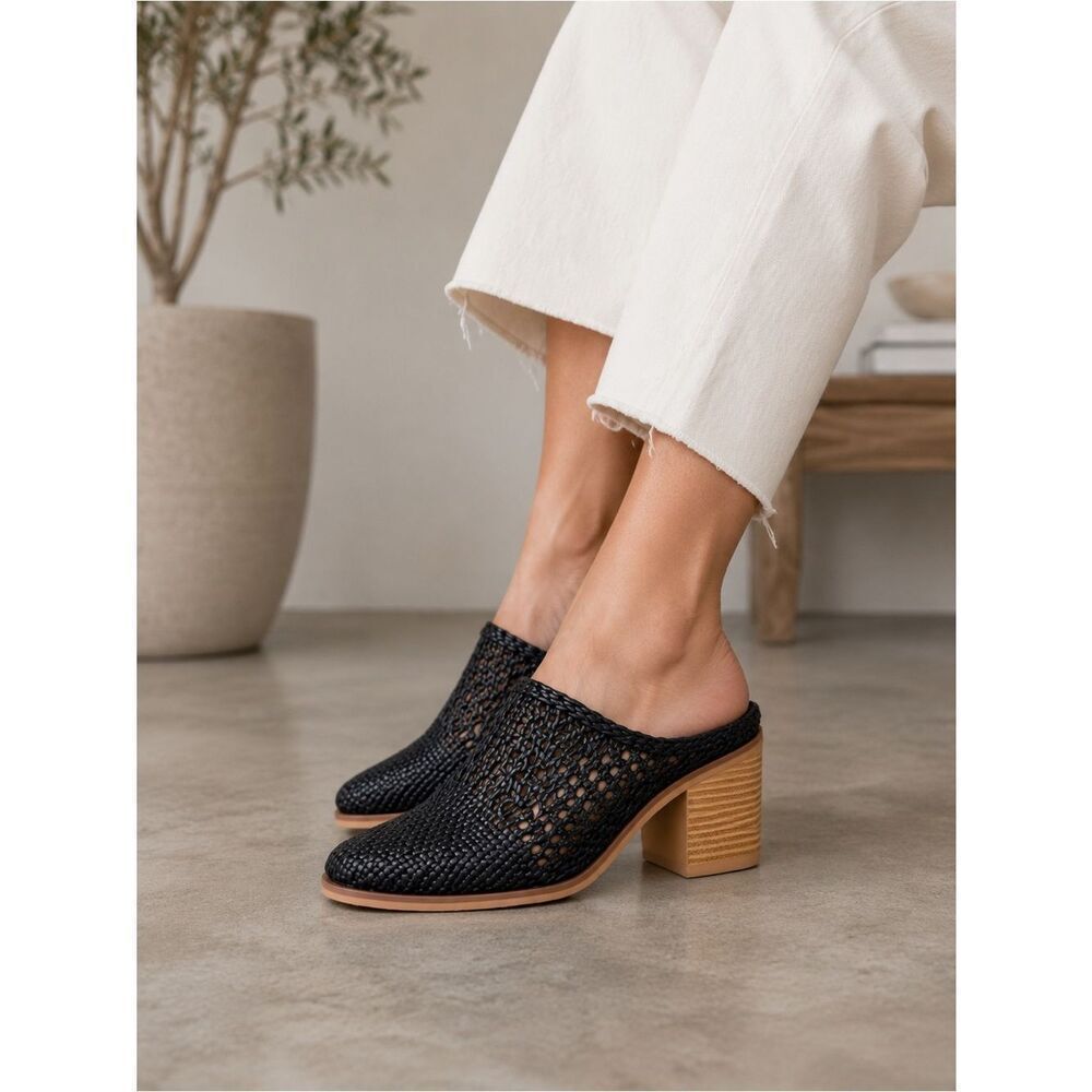 Time and Tru Black Woven Mules with Tan Heel